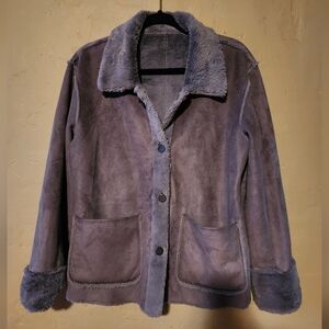 Brandon Thomas Reversible medium Furry Faux Suede Jacket Button Up Grayish Blue